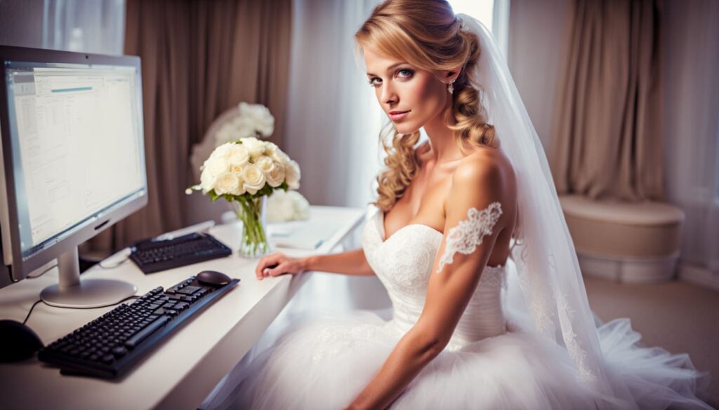 Braut sitzt am Computer